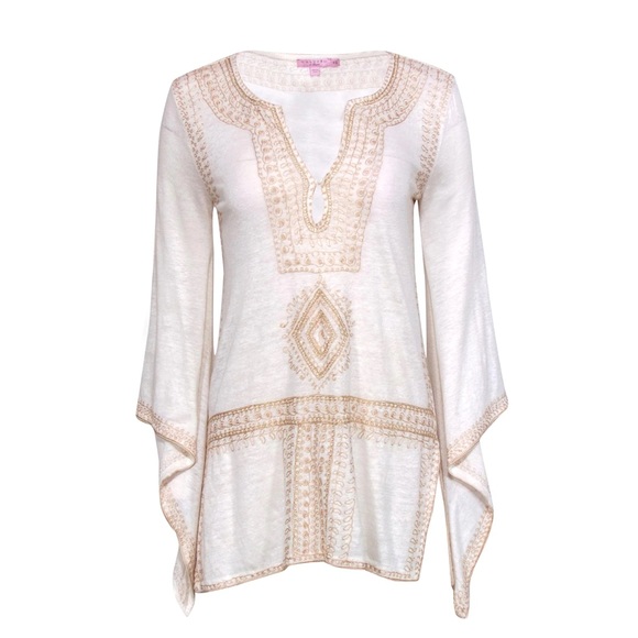 Calypso St. Barth Tops - Calypso St. Barth Etasa Tunic Linen White Ivory Flared Sleeve Embroidered Blouse